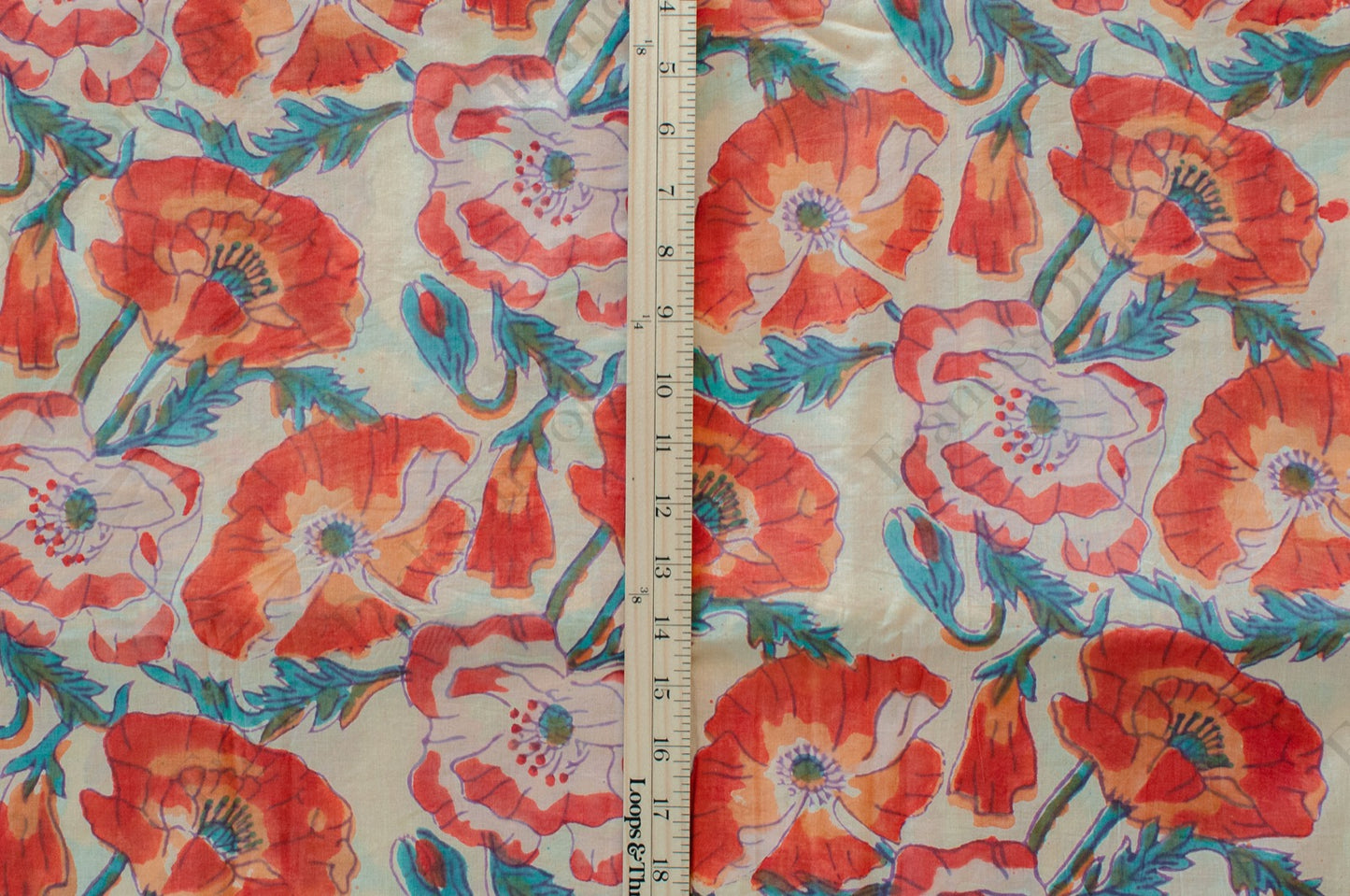 Jaipuri Bloom Hand Block Printed Cotton Fabric - Orange/Red/Blue - 01