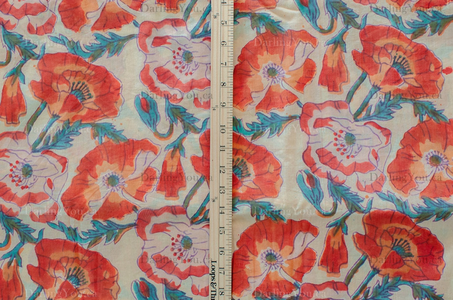 Jaipuri Bloom Hand Block Printed Cotton Fabric – Orange/Red/Blue - 01