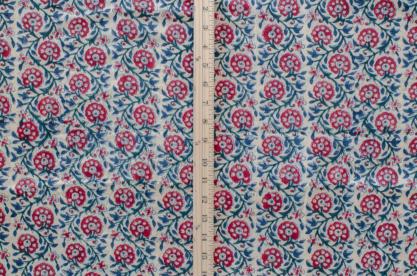 Jaipuri Bloom Hand Block Printed Cotton Fabric – Red/Blue/Green - 01