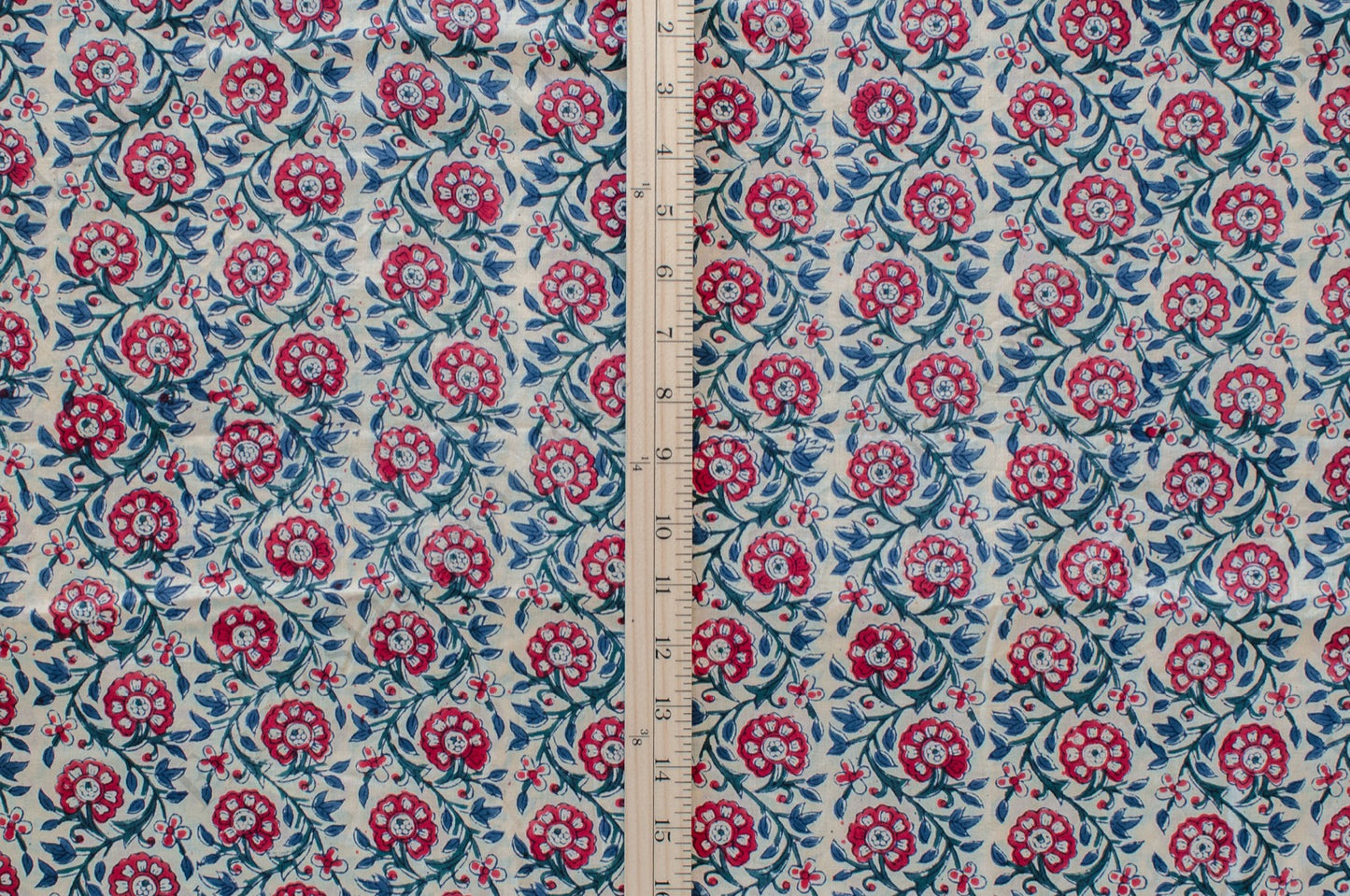 Jaipuri Bloom Hand Block Printed Cotton Fabric - Red/Blue/Green - 01