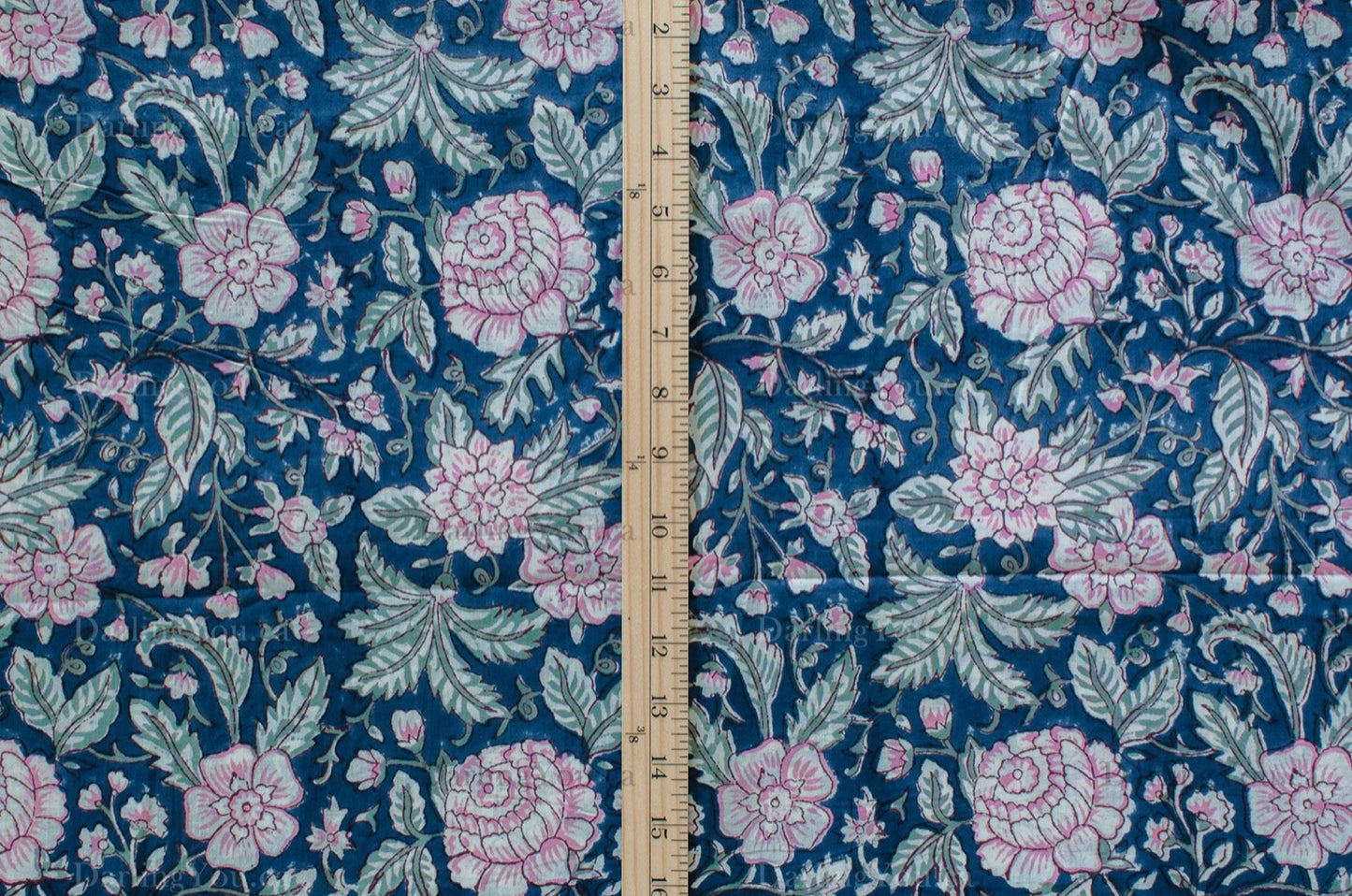 Jaipuri Bloom Hand Block Printed Cotton Fabric – Blue/Pink/Green - 01