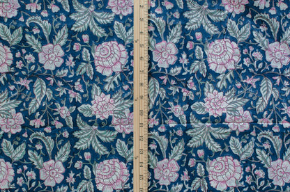 Jaipuri Bloom Hand Block Printed Cotton Fabric - Blue/Pink/Green - 01