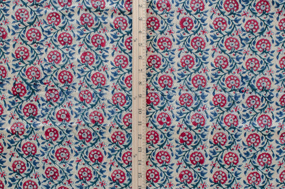 Jaipuri Bloom Hand Block Printed Cotton Fabric - Red/Blue/Green - 01