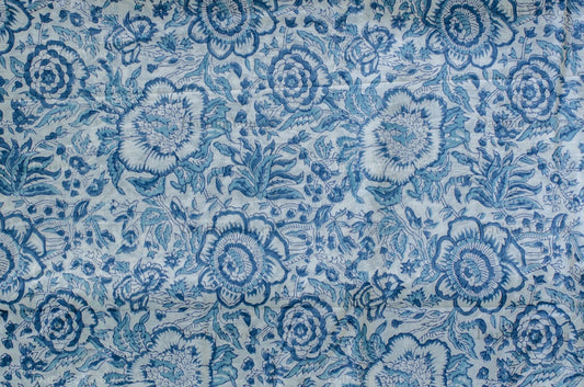 White cotton fabric with soft blue hand block printed floral motifs, handcrafted by artisans in Jaipur, India using traditional methods.