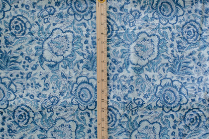 Jaipuri Bloom Hand Block Printed Cotton Fabric - White/Blue - 03