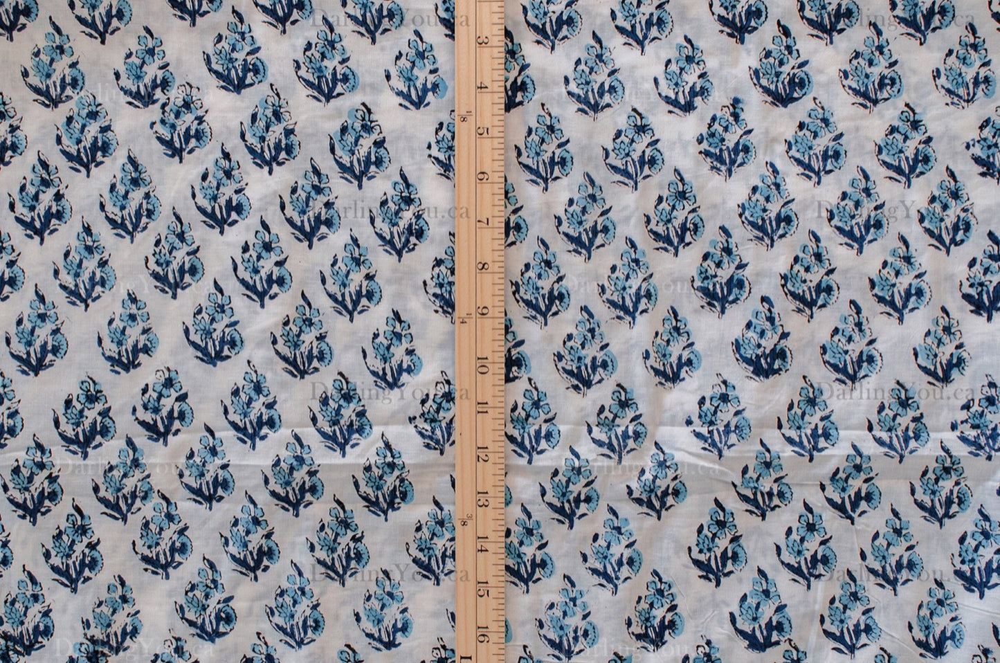 Jaipuri Bloom Hand Block Printed Cotton Fabric – White/Blue - 02