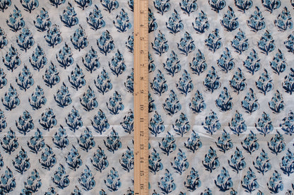 Jaipuri Bloom Hand Block Printed Cotton Fabric - White/Blue - 02