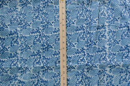 Jaipuri Bloom Hand Block Printed Cotton Fabric - White/Blue - 01