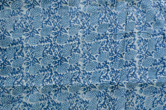 White cotton fabric with intricate blue floral block print, handcrafted using traditional methods in Jaipur, India.