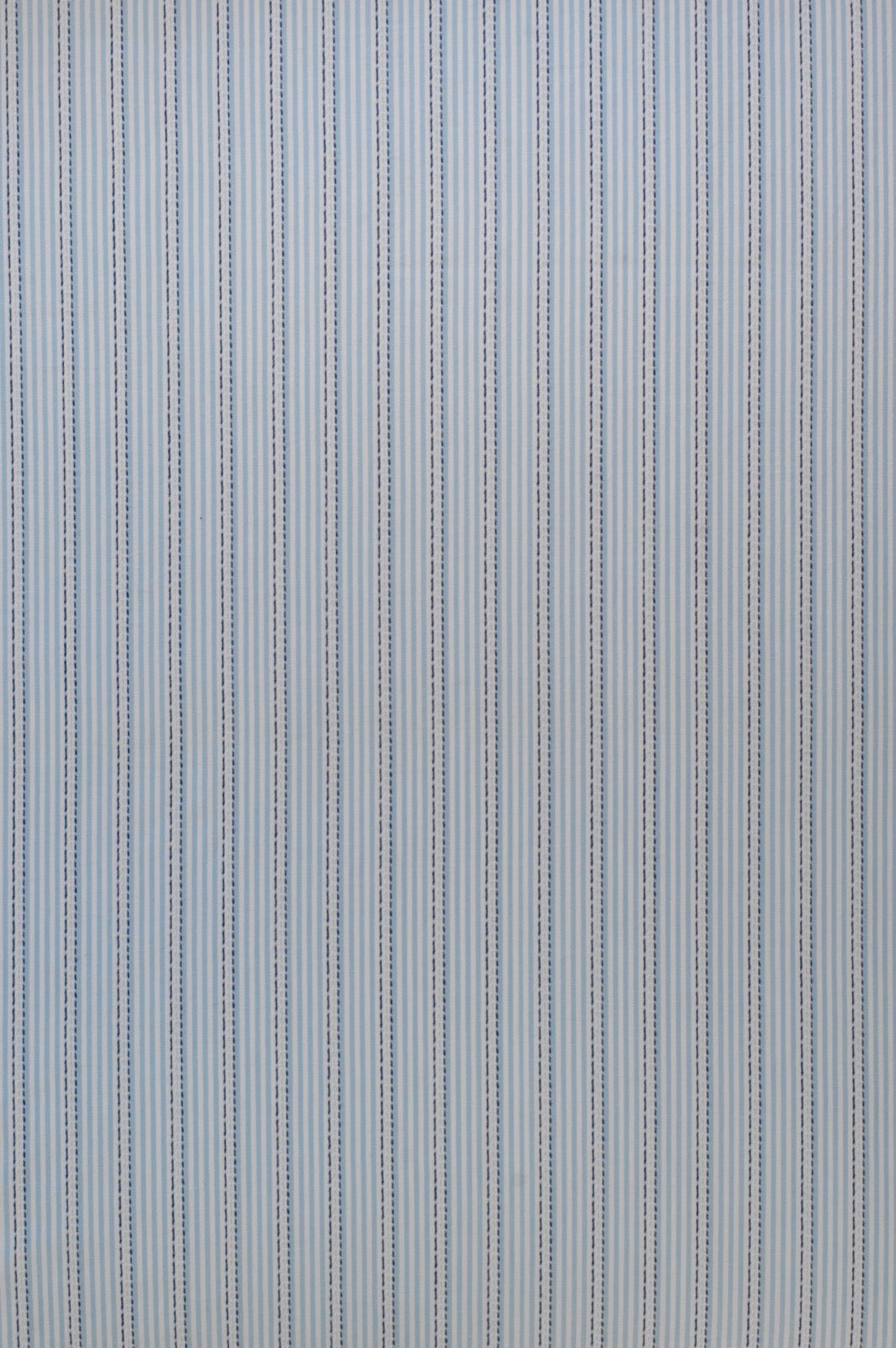 Organic yarn-dyed cotton fabric featuring pale blue pinstripes with navy woven stripe detailing on soft white background.