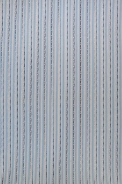 Organic yarn-dyed cotton fabric featuring pale blue pinstripes with navy woven stripe detailing on soft white background.