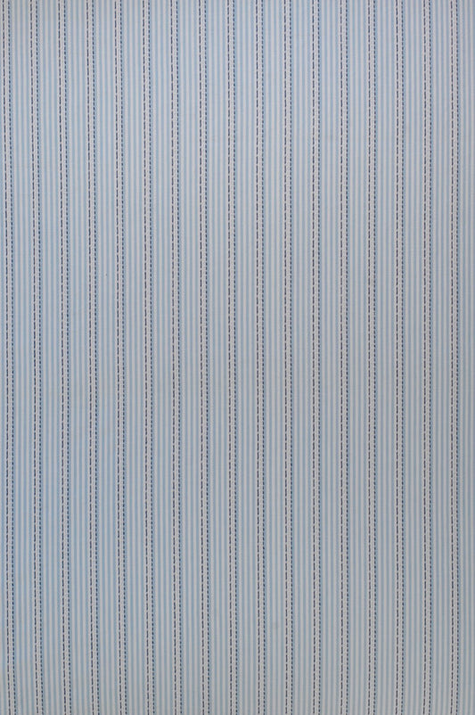 Organic yarn-dyed cotton fabric featuring pale blue pinstripes with navy woven stripe detailing on soft white background.