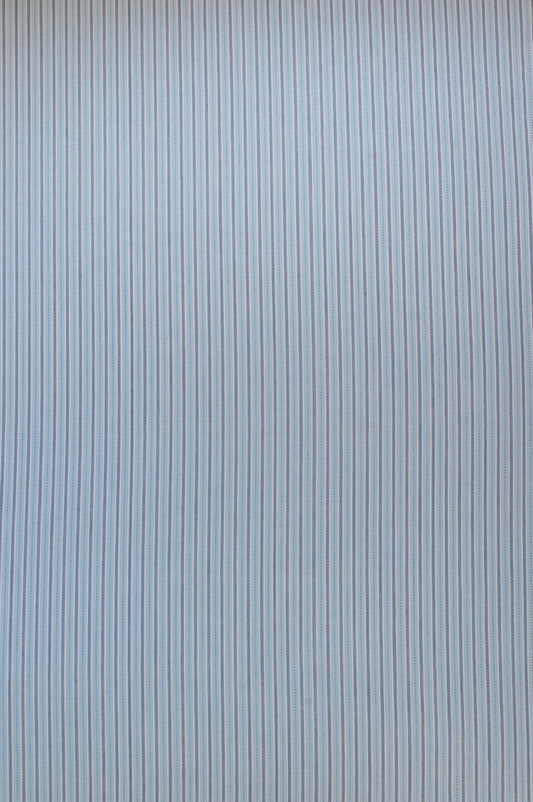 Organic yarn-dyed cotton fabric with fine pale blue stripes and navy woven detailing in a lightweight shirting weave.