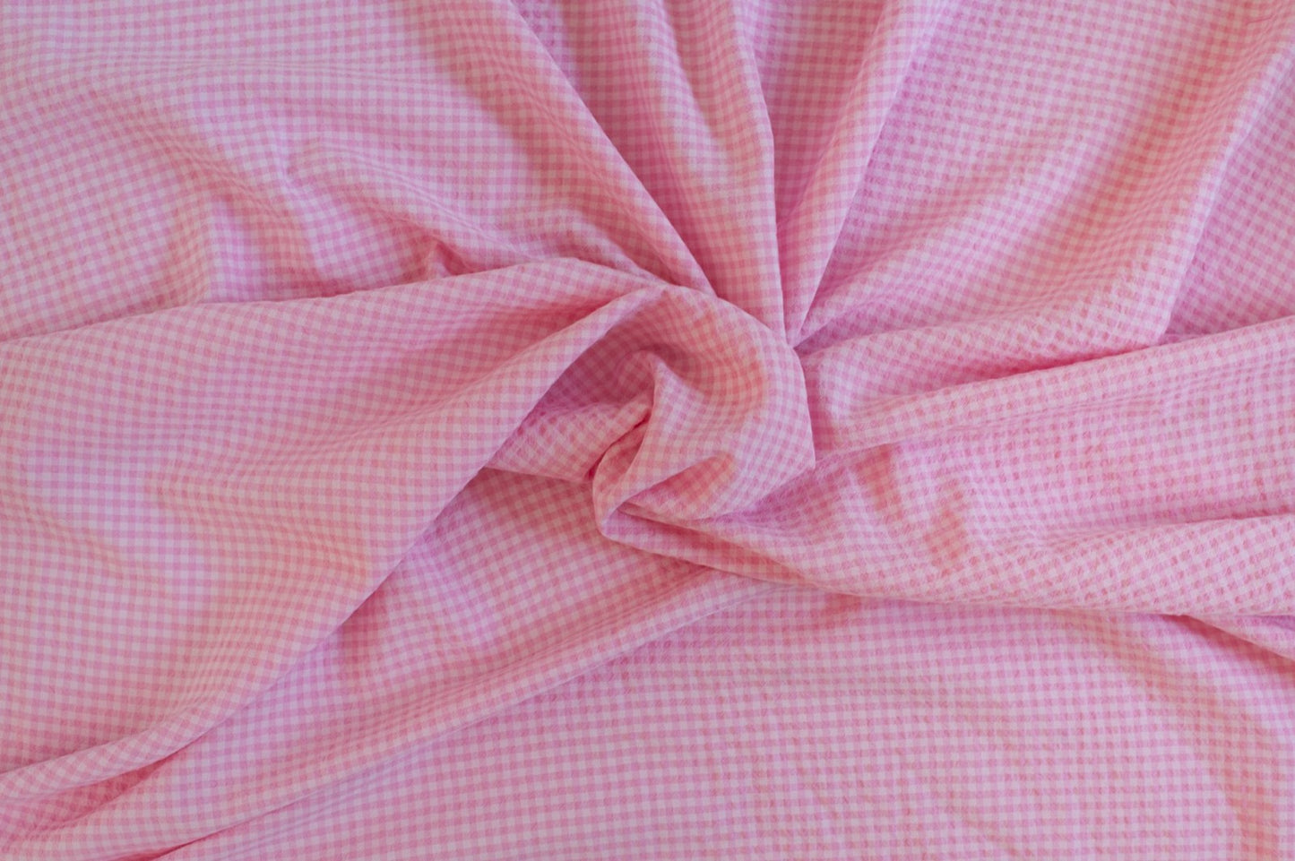 Organic Yarn-Dyed 100% Cotton Gingham Fabric – Candy Pink Seersucker - 01