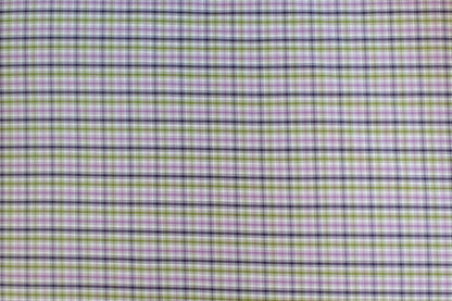 Organic yarn-dyed cotton fabric featuring soft purple, olive green, navy, and ivory plaid check pattern with lightweight woven texture.
