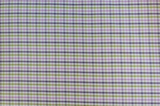 Organic yarn-dyed cotton fabric featuring soft purple, olive green, navy, and ivory plaid check pattern with lightweight woven texture.