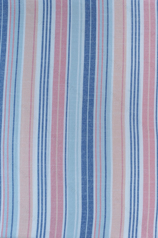 Organic cotton shirting fabric with blue, pink, and white yarn-dyed stripes, laid flat to show the multi-color vertical stripe pattern.