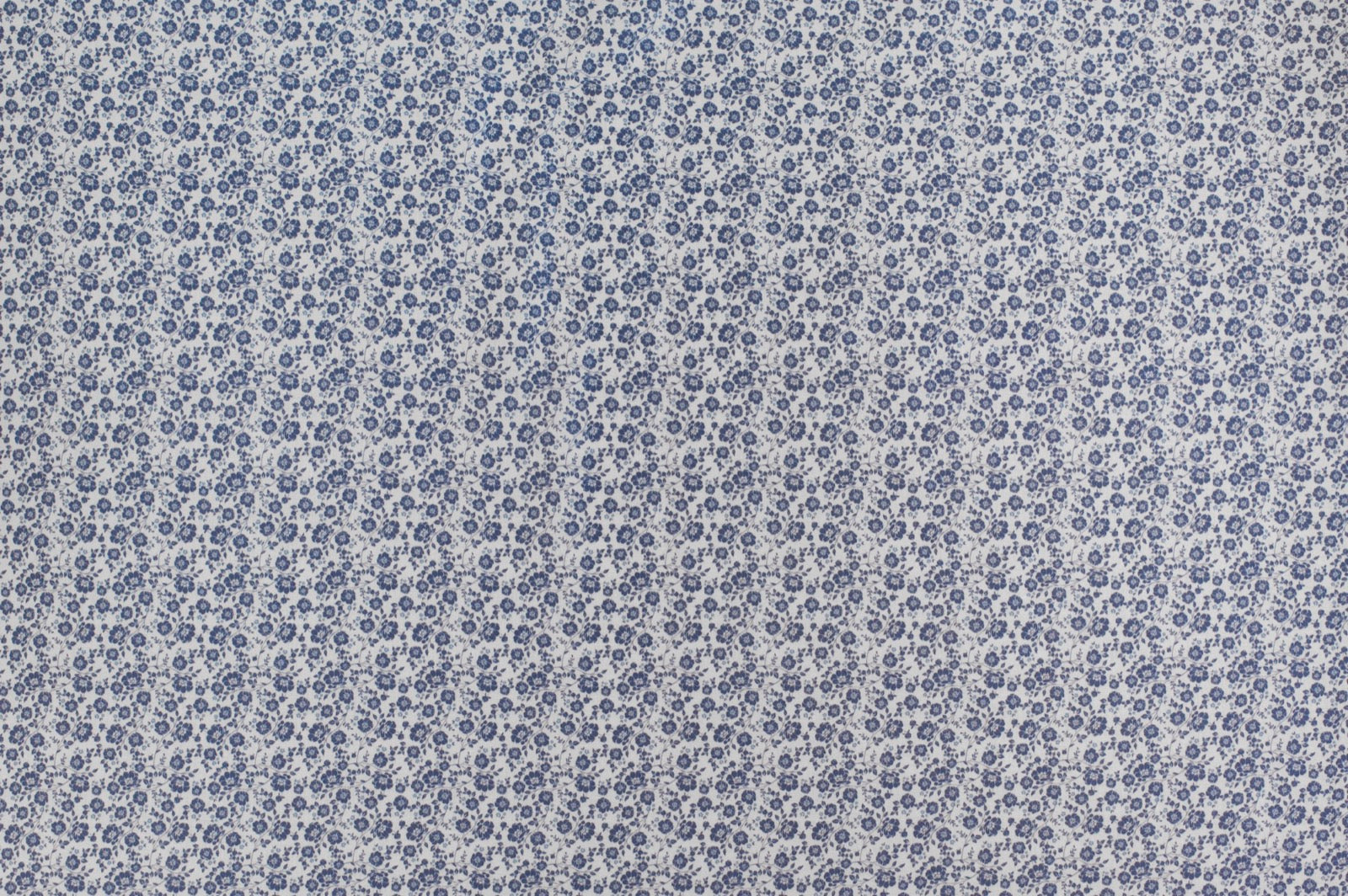 Organic cotton fabric with delicate blue ditsy floral print on ivory background, vintage inspired lightweight sewing fabric.