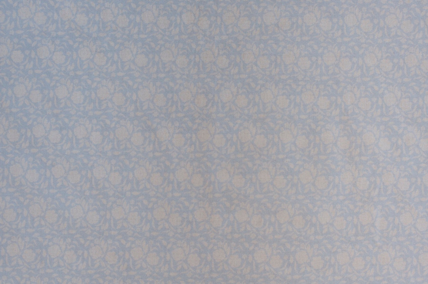 Organic cotton cambric fabric featuring delicate powder blue cabbage rose floral vine print on soft ivory background.