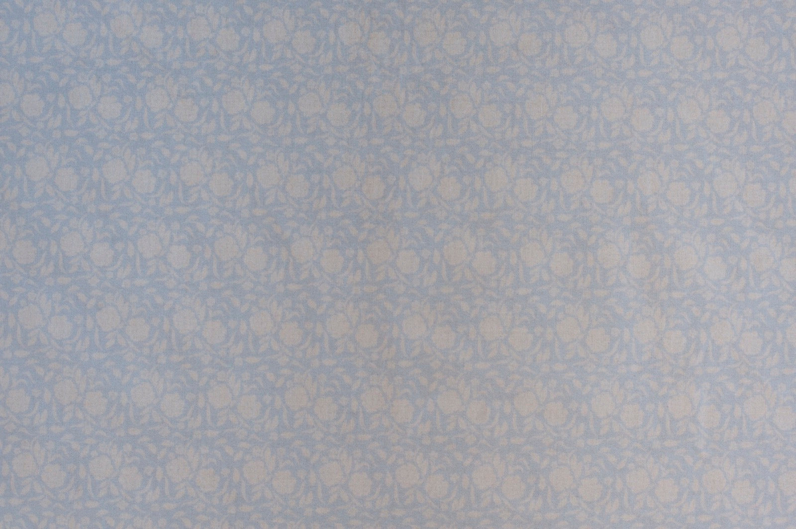 Organic cotton cambric fabric featuring delicate powder blue cabbage rose floral vine print on soft ivory background.