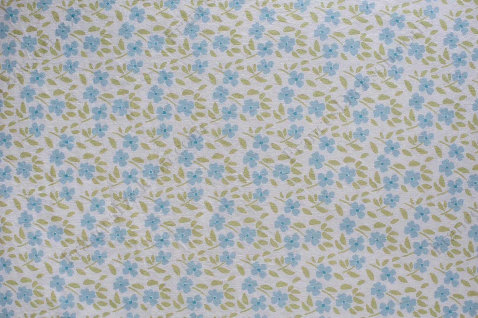 Organic cotton voile fabric with small blue flowers and green leaves scattered across a white background in a ditsy floral print.